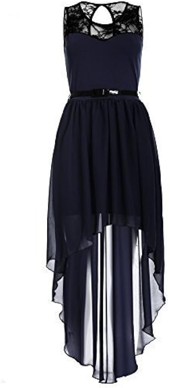 Oops Outlet Women's Asymmetric Dip Hem Lace Chiffon Belted Midi Dress Plus Size US 16 Navy 