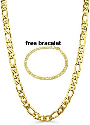 BLING CULTURE Life Time Warranty 7mm Gold Figaro Chain Necklace for Men Women Lifetime Replacement Free 4mm Bracelet