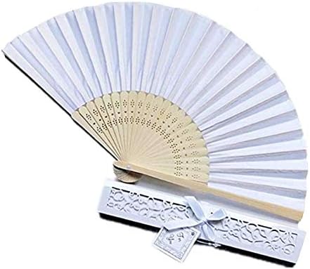 Ankamal Elec 12 Pack Hand Held Fans Silk Bamboo Folding Fans Handheld Folded Fan with Packing Box for Church Wedding Gift, Party Favors, DIY Decoration (White)