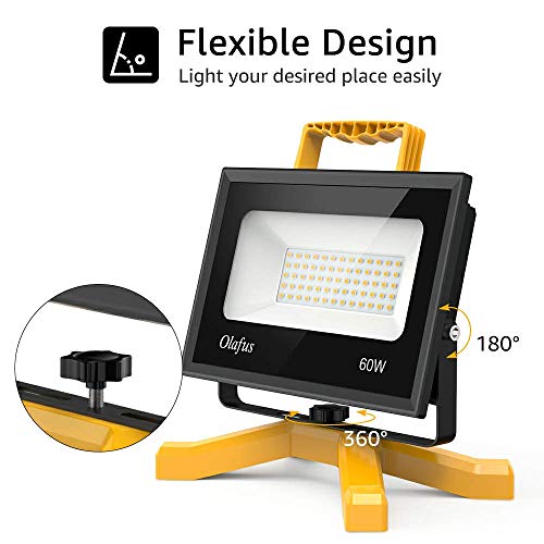 Olafus 60W LED Work Lights, 400W Equivalent, 6000LM Construction Light with Stand, IP66 Waterproof Outdoor Job Site Worklight, LED Working Lighting for Workshop, Garage, Jetty, 5000K Daylight White - Thumbnail 3
