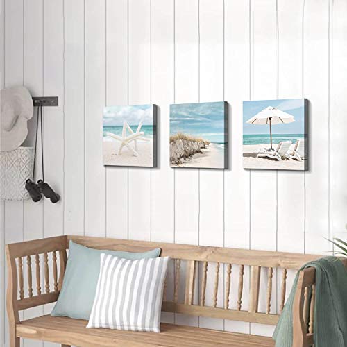 Coastal-Canvas-Wall-Art-Print-Starfish-Beach-Chairs-on-Sand-Artwork-for-Wall-Painting-for-BedroomOverall-12Wx12H-x3-Pcs Coastal Canvas Wall Art Print: Starfish & Beach Chairs on Sand Artwork for Wall Painting for Bedroom(Overall 12"Wx12"H x3 Pcs)