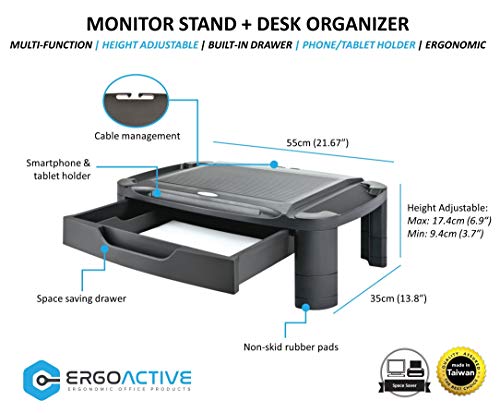 ErgoActive Height Adjustable Monitor Stand Riser with Storage Organizer and Drawer, Computer, iMac, Printer, Laptop, Desk with Tablet & iPhone Holder, Cable Management Slot (Black)