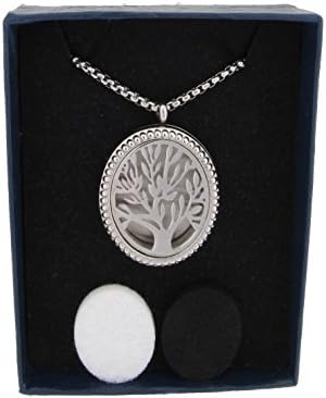 Fragrance Gift TM Surgical-grade Hypoallegenic 316l Stainless Steel Retro Fragrance Necklace 23.6" Chain with 2 refill pads(Silver-Oval Tree)