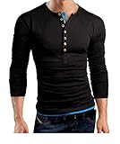 Mens Long Sleeve Slim Fit Henley Shirts (L, Black-A)