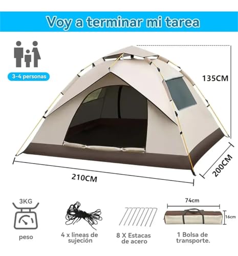 Casa de Campaña para 4 Personas,Tienda de Campaña,Casa de Acampar,Carpa Totalmente automática,Casa de campaña Impermeable Portátil,2 Puertas 2 Ventanas,Cuerda a Prueba de Viento y Bolsa Transporte