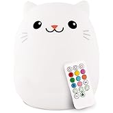 Lumipets Clive The Cat Squishy Silicone Night Light for Kids | Cute Night Light with Remote & Touch Control for Baby & Toddler Bedrooms | Color Changing Portable Animal Nightlight | Kids Mood Lamp