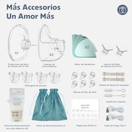 MomMed Extractor de leche eléctrico portátil con 3 modos, 12 niveles, diseño antifugas y bajo ruido - todo en uno sin dolor, con flange de 24 mm - paquete de 2