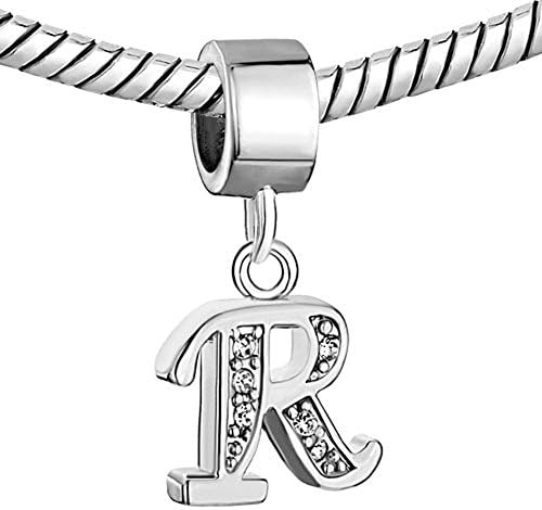 Alphabet Beads A-Z Letter Initial Spacer Dangle Clear Synthetic Crystal Silver P Charm For Snake Chain Bracelets (Letter R)