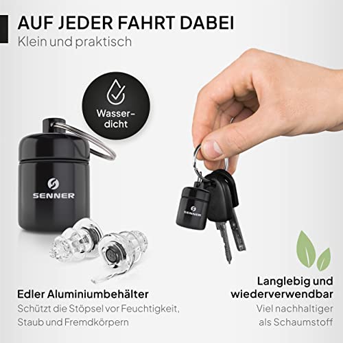 Senner MotoPro Ear Protection Ear Plugs for Motorbike and Motorsport, Very Easy to Carry and Quiet, Reduces Wind Noise, Traffic Stays Audible, with Aluminium Case, Reusable