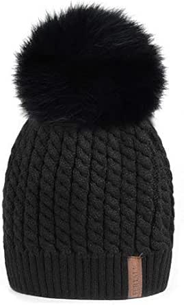TOSKATOK Damen Winter Beanie - Mit Abnehmbarem Faux Fur Pom Pom | Elastisch Bis 60cm