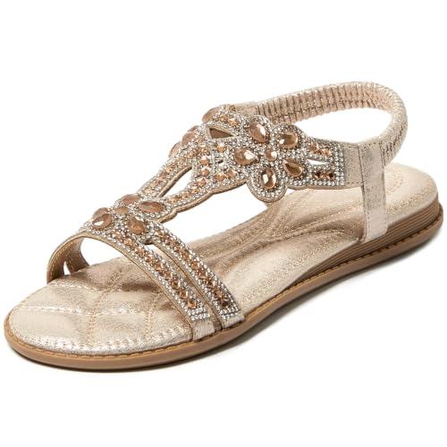 Icker Womens Rhinestone Strappy Flat Sandals Elastic