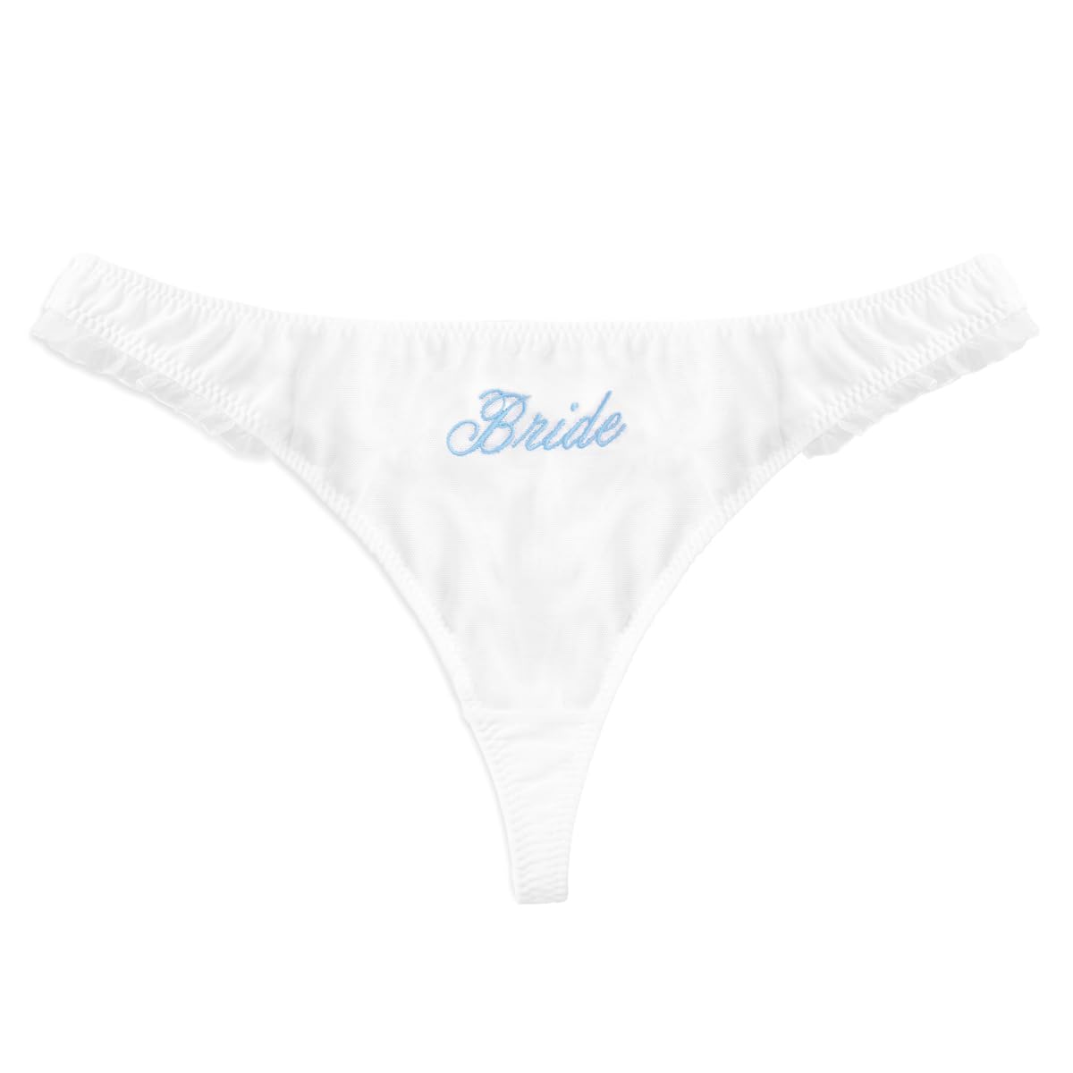 Photo 1 of SMALL-xo, Fetti White Ruffle Bride Thong, Small | Blue Embroidered Underwear, Bridesmaid Gift, Bridal Shower Party, Bride to Be Lingerie, Cute Outfit Accessory