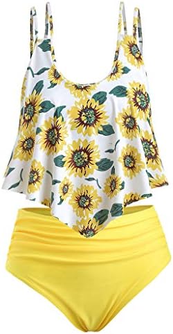Cenglings Women Sunflower Print Two Pieces Bathing Suits Ruffled with High Waisted Bottom Tummy Control Bathing Suit