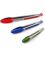HOT TARGET Set of 3-7, 9, 12 inches, Heavy Duty, Non-Stick, 304 Stainless Steel Silicone BBQ and Kitchen Tongs. Heat resistant up to 600°F