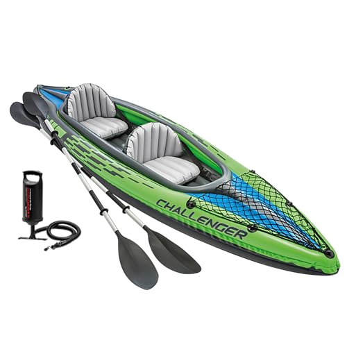 Intex Challenger K2 Inflatable Kayak Set 351cm x 76cm x 38cm, 2 Person Kayak with Aluminium Oars, High Output Pump, Inflatable Seats and Cargo Net Max 180kg