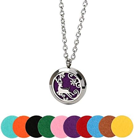 316L Stainless Steel Aromatherapy Essential Oil Diffuser Necklace Perfume Pendant Locket with 10 Refill Pads for Valentines Day Gifts Necklace (Chirstmas Elk)