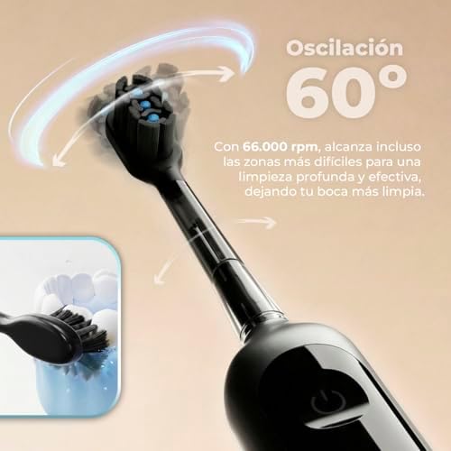 Escova de dentes elétrica sónica com oscilação 60º ToothCare DeluxeSwing. 3 modos personalizados, leve e compacto, autonomia de 40 dias, 3 cabeças de substituição, IPX7