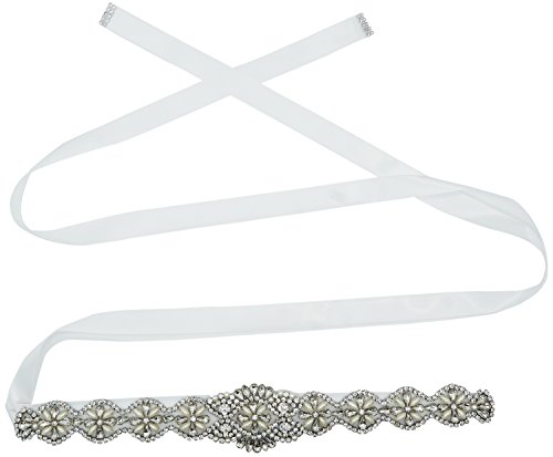 Lovful Womens Silver Crystal Beaded Satin Bridal Sash Party Prom Dress Wedding Belt,White sash-6, One Size