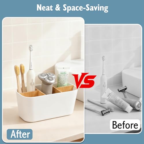VINATO Toothbrush Holder, Electric Toothbrush Holder, Bamboo Partitions Toothbrush Holder Bathroom with 5 Compartments Bathroom Organizer for Office, Living Room, Kitchen