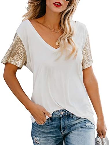 Topstype Women's Sequin Short Sleeve Tee V Neck T Shirts Glitter Sparkles  Loose Blouse Tops, A-c-white, S price in UAE | Amazon UAE | kanbkam