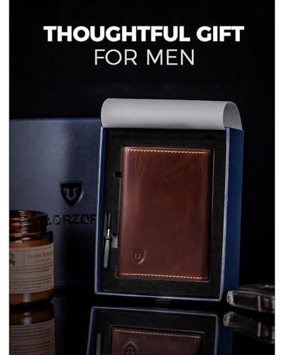 LORZOR Men's Pop Up Wallet RFID Blocking Full Grain Leather Card Holder, Slim Minimalist Bifold with ID Window and Emergency Retrieval Slot (Vintage Brown/Silver)