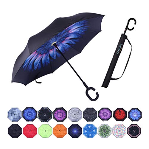Umbrella,Windproof Waterproof Golf Umbrella,Double Layer Folding Inverted Anti-UV Protection Umbrellas,Reverse Sun Umbrella With C-Shaped Handle,Upside Down Umbrella for Car Rain Outdoor (blue flower)