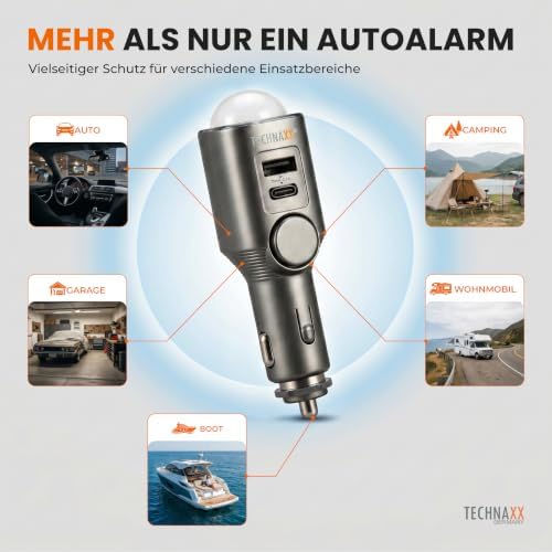 Autoalarm mit PIR Bewegungsmelder – 12–24V Plug-in Alarm mit 110dB Sirene, 6-Tage Akku, USB-A & USB-C Ladeports, LED-Anzeige & Fernbedienung - 2026 Update Modell - TX-100