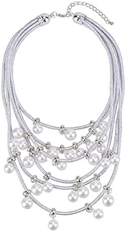 NEOWOO Pendant Pearls Choker Big Chunky Collar Bib Necklace Multi-Row Strand Fashion Jewelry for Women Girls (Silver)