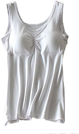 Foxexy Womens Ruched Removable Built in Bra Thick/Thin Pads Cotton Sport Yoga Active Fitness Cami Tank Tops White One Size