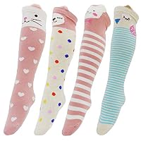 Cartoon Animal Pattern Design Girls Knee High Stockings Children Cotton Socks 4 Pairs Pack (Pink Blue)