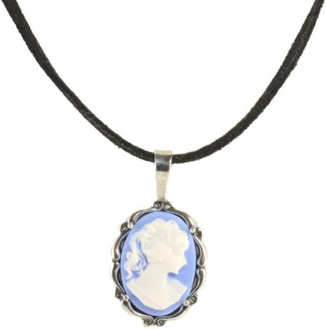 Sterling Silver Vintage Style Small Blue Resin Cameo Pendant with Suede Cord