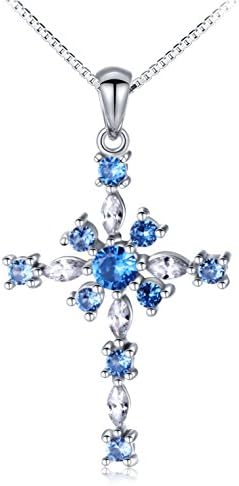 S925 Sterling Silver Blue and White CZ Cross Pendant Necklace for Women, 18" Box Chain