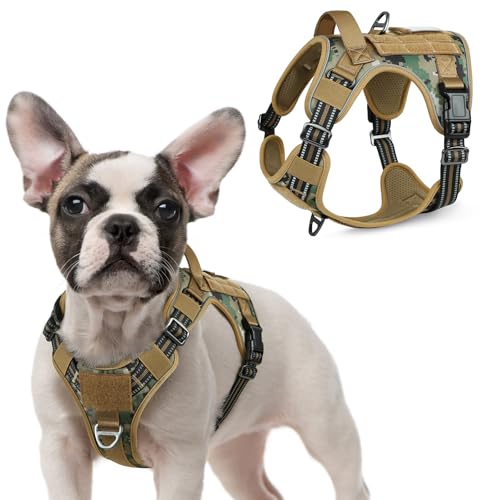 rabbitgoo Anti-Pull Dog Harness, Small Medium Breathable Dog Harness, Adjustable Tactical Dog Harness with Handle Rings and Molle, Durable Reflective Vest for Training, Brown Camo, S