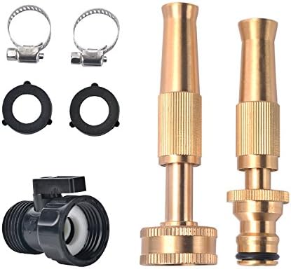 CBHonesty Twist Solid Garden Brass Spray Nozzle 2 Heavy Duty Hose Nozzles With Extra Free 1 Plastic Cut-off valve 2 Washers 2 Stainless Clamps for Garden and Car Wash
