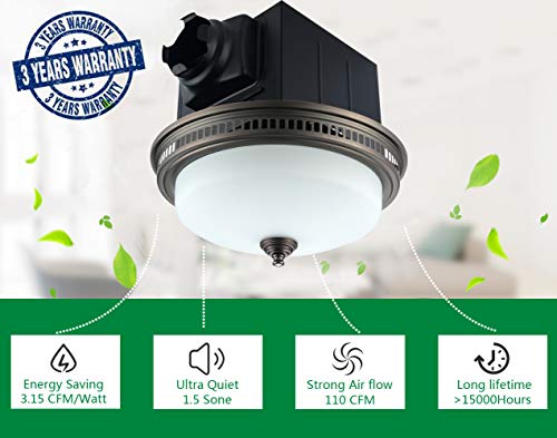Ultra Quiet Bathroom Exhaust Fan with Light 110CFM 1.5 Sone Ventilation Fan (3x13W GU24 Base CFL Blubs and 1pcs E12 Nightlight Included) 3 Years Warranty by Akicon