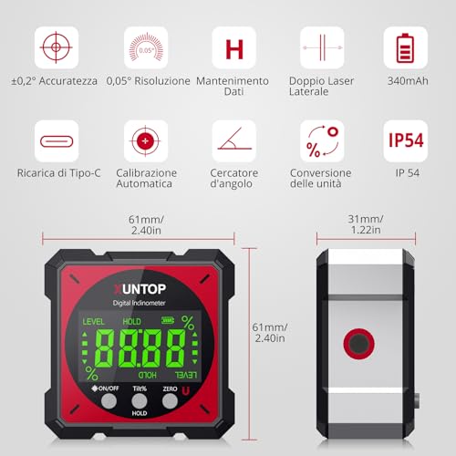 XUNTOP LCD Digital Level Box Rechargeable with Electronic Laser Angle Finder 4 x 90° with 4 Magnetic Sides with Type-C Cable for Charging Inclinometer Laser Level Waterproof with Backlight