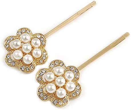 2 Bridal/Prom Clear Crystal, Pearl Flower Hair Grips/Slides In Gold Plating - 60mm Across, white / ivory, gold - Image 5