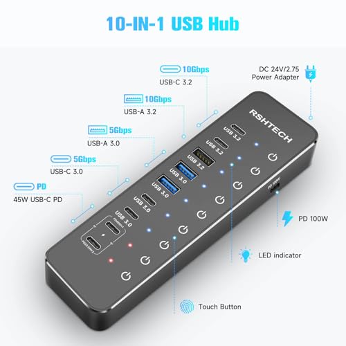RSHTECH USB Powered Hub, 10 Ports USB C Hub That 3 Ports USB 3.2 to 10Gbps (2C+1A), 4 USB 3.0 Ports to 5Gbps (2C+2A), 2 Fast Charge USB-C Ports to 45W, PD 100W, Adapter 66W, RSH-ST10P