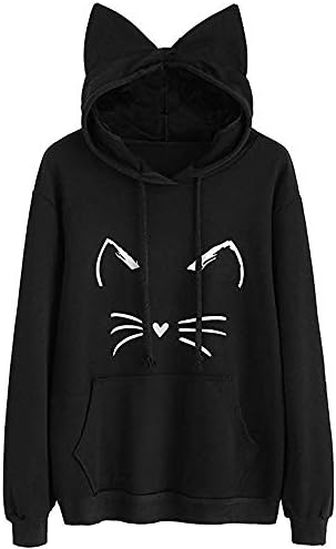 SINARU Sweatshirt Womens Cat Ear Solid Long Sleeve Hooded Pullover Tops Blouse