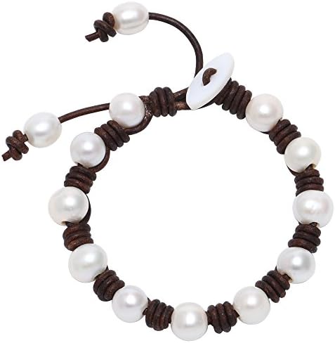 White Good Luster Pearls Beaded Bracelet with Leather Cord Knotted Jewelry B157
