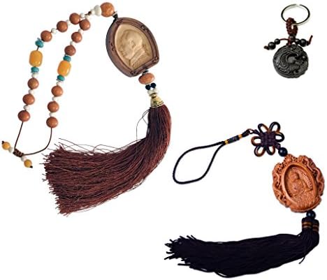 A Trio of Chairman Mao Buddha Wooden Hanging Ornaments and a Dragon Keychain