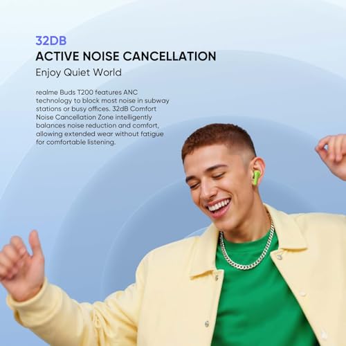 realme Buds T200 Auriculares Inalámbricos con 32dB ANC, 50H de Batería, Auriculares Bluetooth TWS In-Ear con 12,4 mm Hi-Res Audio Controlador y 3D Audio Espacial, IP55 Audífonos, Blanco