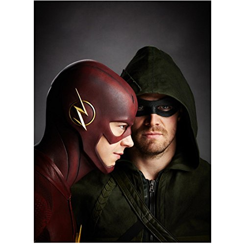 The Flash & Arrow 8 inch x 10 inch PHOTOGRAPH Grant Gustin in Red & Gold Costume Profile & Stephen Amell Green Hood & Black Mask kn