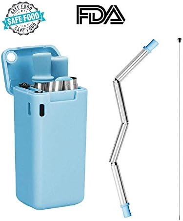 Collapsible Straws,Weletric Reusable Straw Drinking Folding Medical-Grade Food-Grade Drinking Straws 304 Stainless Steel with Cleaning Brush (Blue)