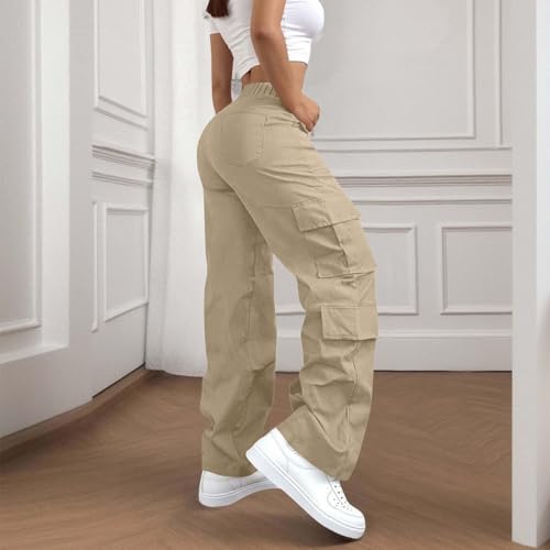 Womens Cargo Trousers UK High Waist Combat Pants with Multiple Pockets Solid Color Drawstring Tracksuit Bottoms Baggy Lightweight Wide Leg Trousers Ladies Casual Jogging Pants Hiking Walking Khaki