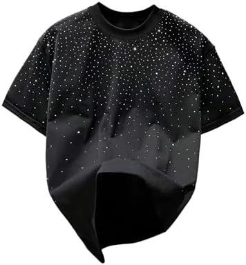 OYOANGLE Men's Big and Tall Rhinestone Sparkly Short Sleeve T