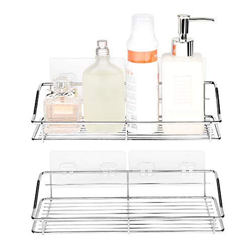 Adhesive Shower Shelf, Ejoyous No Drilling Bathroom Caddy Organizer Wall Mount Kitchen Storage Basket Rack Stainless Steel With 5 Strong Stickers for Shampoo Conditioner Soap Razor - 2 Pack