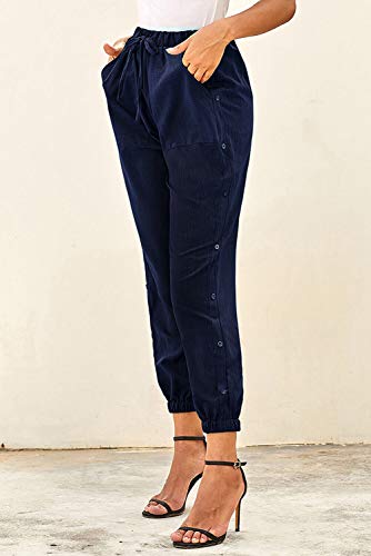NEWFANGLE Women\'s Linen Casual Pants Drawstring Elastic Waist with Pockets Solid Comfy Loose Fit Trousers,Navy Blue,XXL