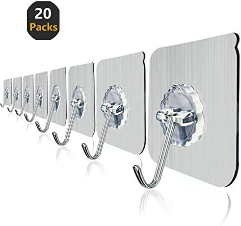 Wall Hooks 20lb(Max) Transparent Adhesive Hooks Heavy Duty Reusable Hanging Hooks, Waterproof and Oilproof, Bathroom Kitchen Antirust Stainless Hooks (20 Pack)