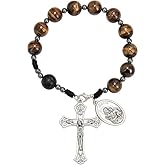 Nazareth Store Tiger Eye Beads One Decade Rosary Handmade Pocket Car Mirror with Saint Joseph Medal and Jesus Cross in Antique Silver Volcanic Stone Travel Friendly Rosary